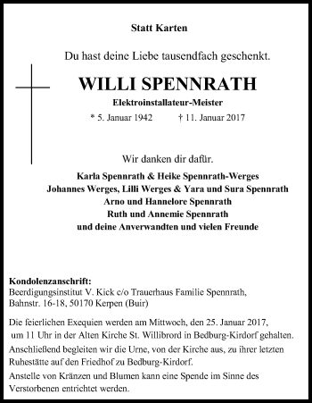 Anzeige von Willi Spennrath von Kölner Stadt-Anzeiger / Kölnische Rundschau / Express
