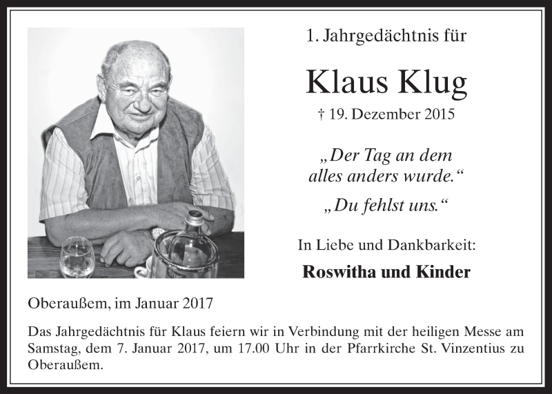  Traueranzeige für Klaus Klug vom 04.01.2017 aus  Werbepost 