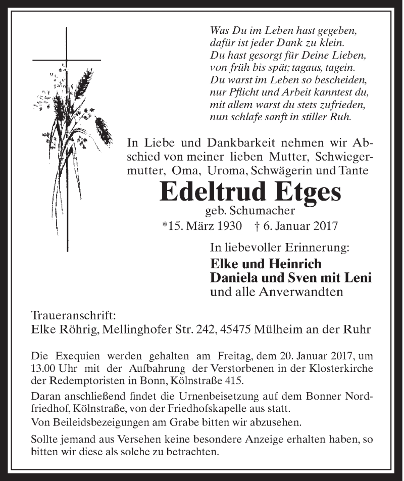  Traueranzeige für Edeltrud Etges vom 18.01.2017 aus  Schaufenster/Blickpunkt 