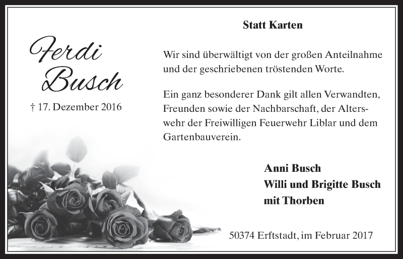  Traueranzeige für Ferdi Busch vom 01.02.2017 aus  Werbepost 