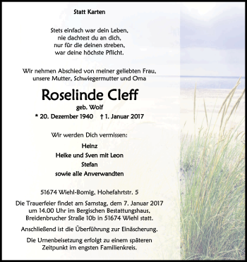 Anzeige von Roselinde Cleff von Kölner Stadt-Anzeiger / Kölnische Rundschau / Express