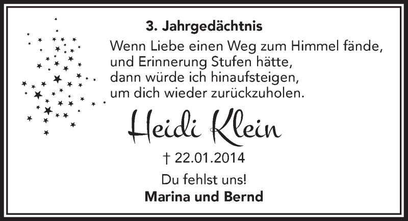  Traueranzeige für Heidi Klein vom 18.01.2017 aus  Lokalanzeiger 