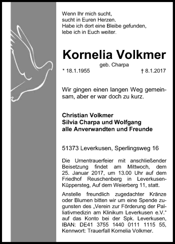 Anzeige von Kornelia Volkmer von Kölner Stadt-Anzeiger / Kölnische Rundschau / Express