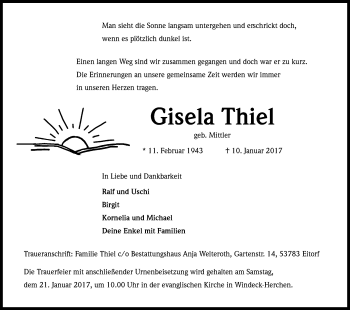 Anzeige von Gisela Thiel von Kölner Stadt-Anzeiger / Kölnische Rundschau / Express