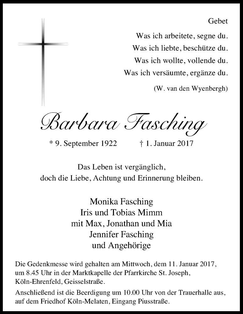  Traueranzeige für Barbara Fasching vom 07.01.2017 aus Kölner Stadt-Anzeiger / Kölnische Rundschau / Express