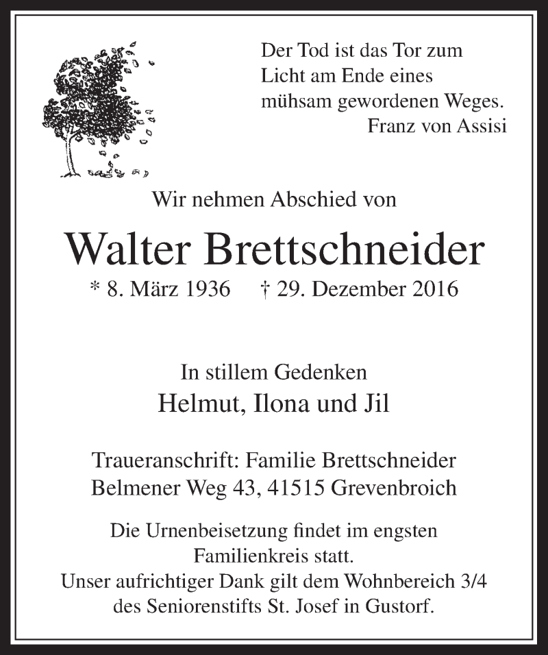  Traueranzeige für Walter Brettschneider vom 04.01.2017 aus  Werbepost 