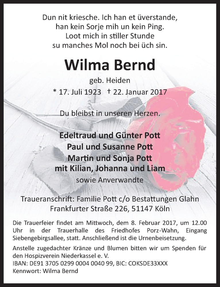  Traueranzeige für Wilma Bernd vom 01.02.2017 aus  Kölner Wochenspiegel 