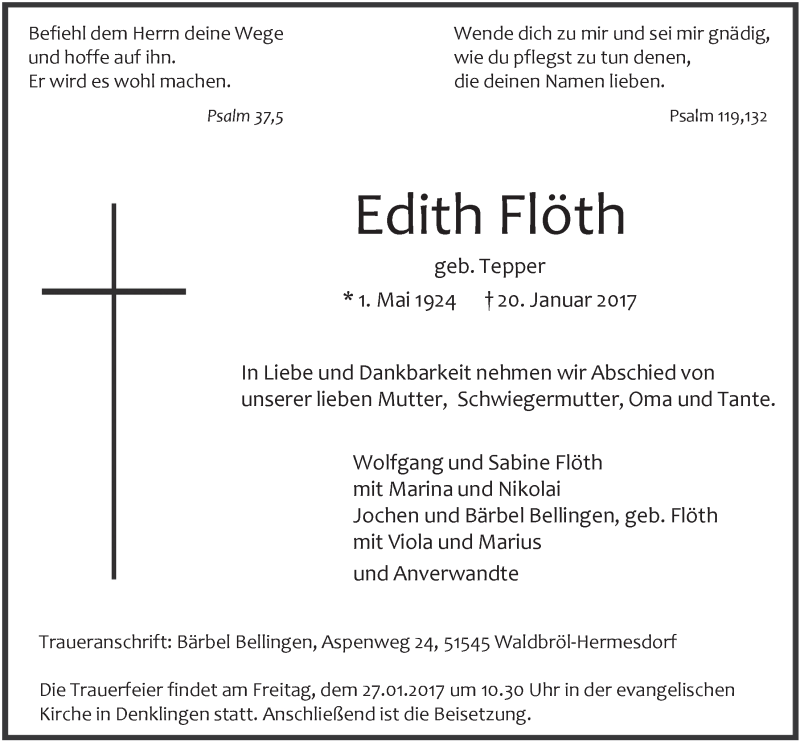  Traueranzeige für Edith Flöth vom 25.01.2017 aus  Lokalanzeiger 