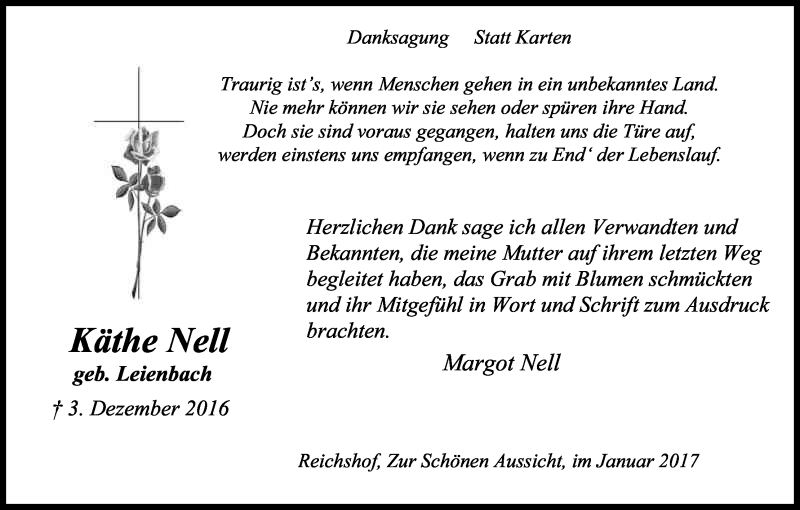  Traueranzeige für Käthe Nell vom 06.01.2017 aus Kölner Stadt-Anzeiger / Kölnische Rundschau / Express