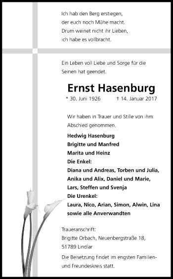 Anzeige von Ernst Hasenburg von Kölner Stadt-Anzeiger / Kölnische Rundschau / Express