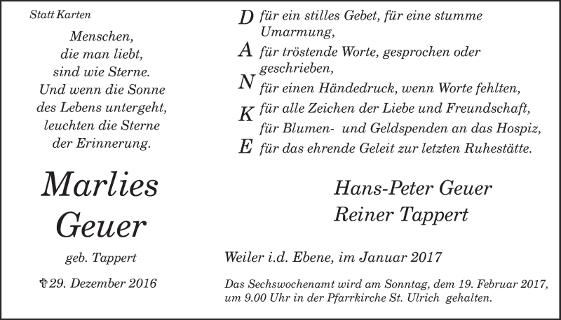  Traueranzeige für Marlies Geuer vom 01.02.2017 aus  Werbepost 
