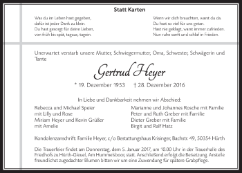 Anzeige von Gertrud Heyer von  Wochenende 