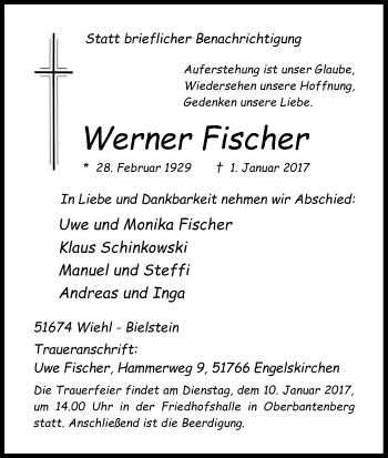 Anzeige von Werner Fischer von Kölner Stadt-Anzeiger / Kölnische Rundschau / Express