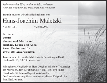 Anzeige von Hans-Joachim Maletzki von  Blickpunkt Euskirchen 