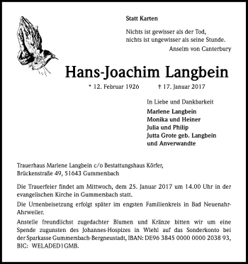 Anzeige von Hans-Joachim Langbein von Kölner Stadt-Anzeiger / Kölnische Rundschau / Express