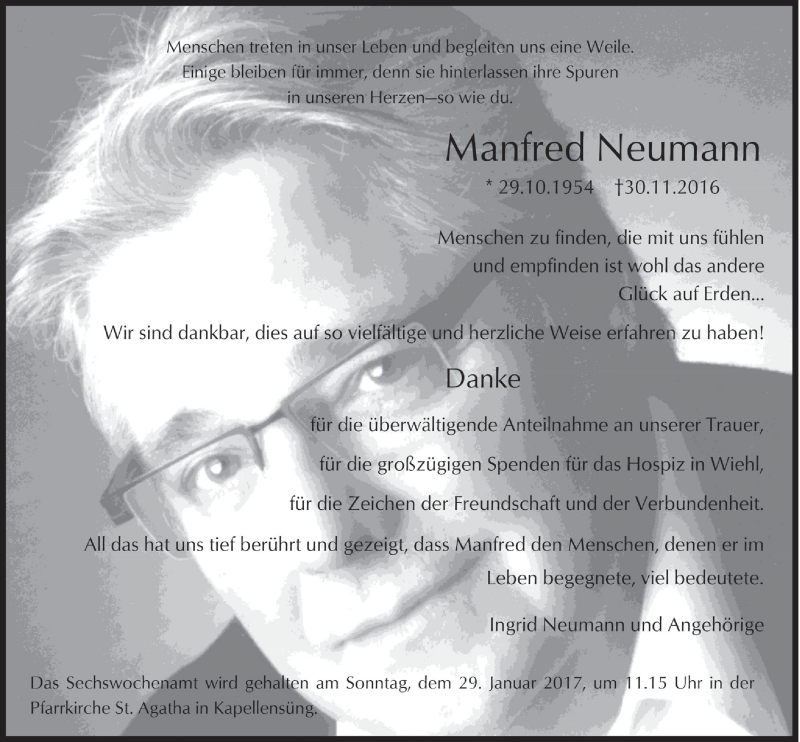  Traueranzeige für Manfred Neumann vom 25.01.2017 aus  Anzeigen Echo 