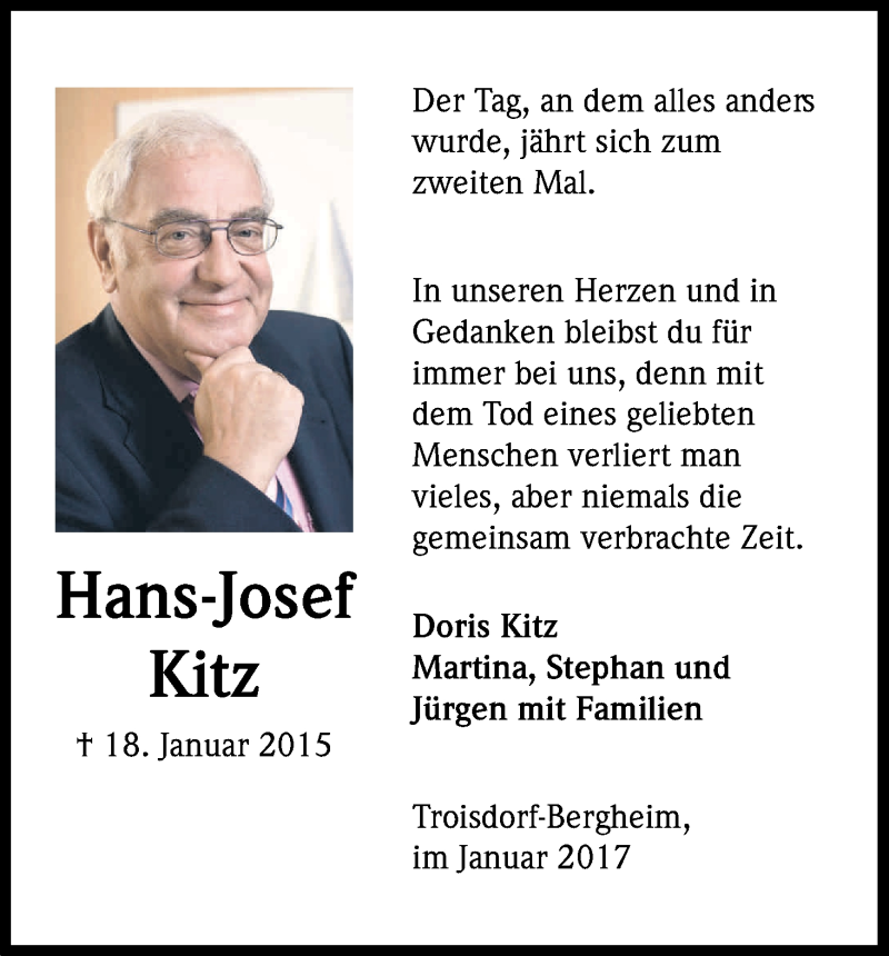  Traueranzeige für Hans-Josef Kitz vom 18.01.2017 aus Kölner Stadt-Anzeiger / Kölnische Rundschau / Express