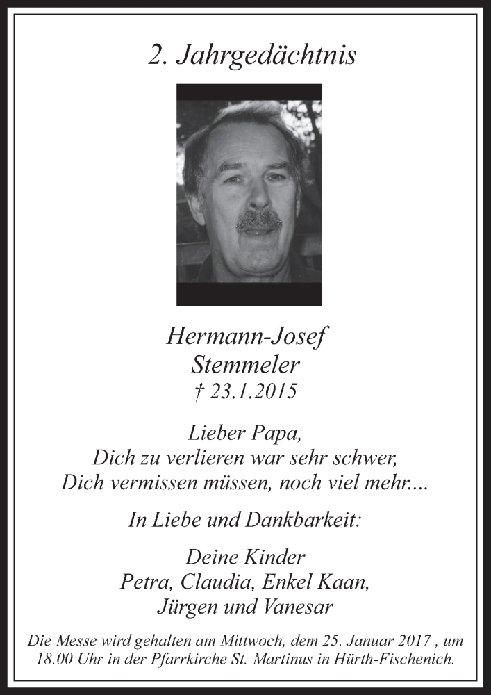  Traueranzeige für Hermann-Josef Stemmeler vom 18.01.2017 aus  Wochenende 