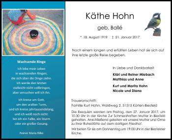 Anzeige von Käthe Hohn von Kölner Stadt-Anzeiger / Kölnische Rundschau / Express