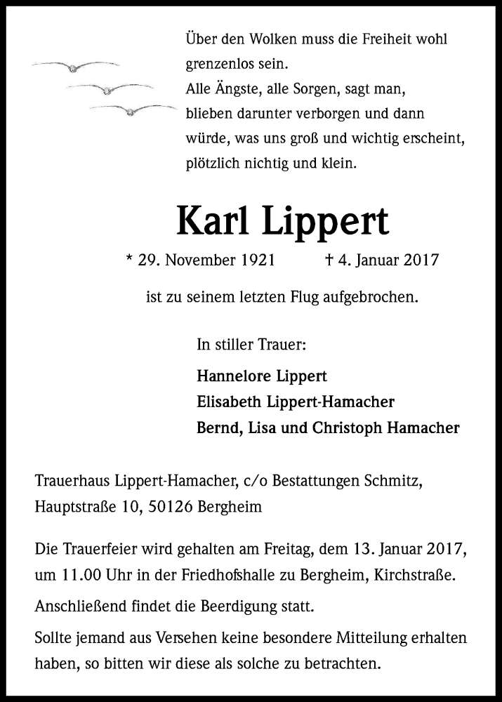  Traueranzeige für Karl Lippert vom 07.01.2017 aus Kölner Stadt-Anzeiger / Kölnische Rundschau / Express