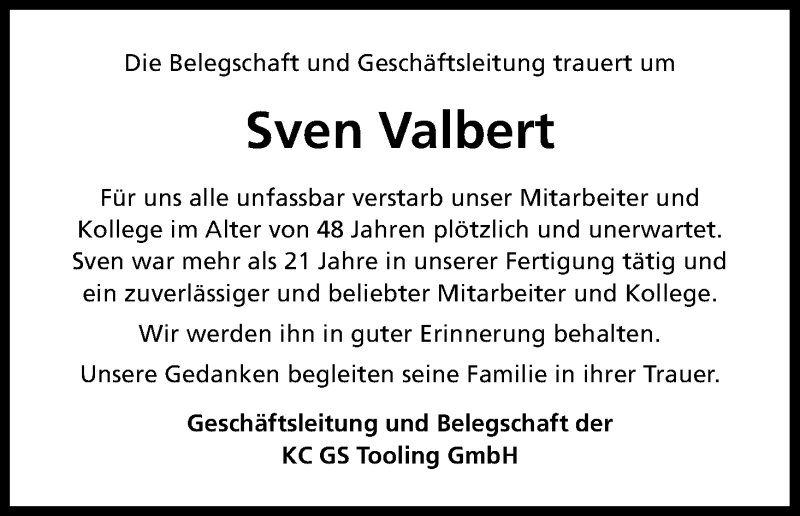  Traueranzeige für Sven Valbert vom 28.01.2017 aus Kölner Stadt-Anzeiger / Kölnische Rundschau / Express