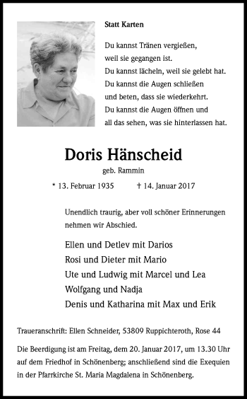 Anzeige von Doris Hänscheid von Kölner Stadt-Anzeiger / Kölnische Rundschau / Express