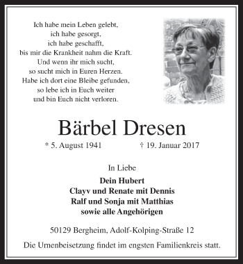 Anzeige von Bärbel Dresen von  Werbepost 