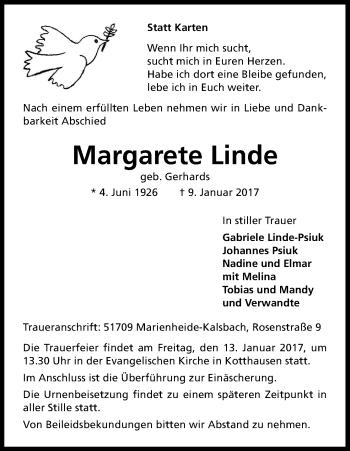 Anzeige von Margarete Linde von Kölner Stadt-Anzeiger / Kölnische Rundschau / Express