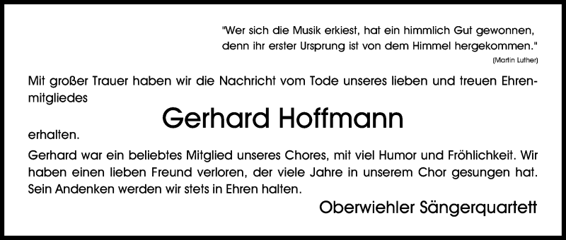  Traueranzeige für Gerhard Hoffmann vom 07.01.2017 aus Kölner Stadt-Anzeiger / Kölnische Rundschau / Express