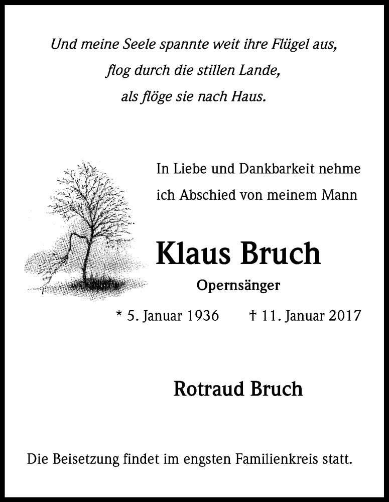  Traueranzeige für Klaus Bruch vom 17.01.2017 aus Kölner Stadt-Anzeiger / Kölnische Rundschau / Express