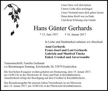 Anzeige von Hans Günter Gerhards von Kölner Stadt-Anzeiger / Kölnische Rundschau / Express