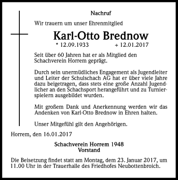 Anzeige von Karl-Otto Brednow von Kölner Stadt-Anzeiger / Kölnische Rundschau / Express