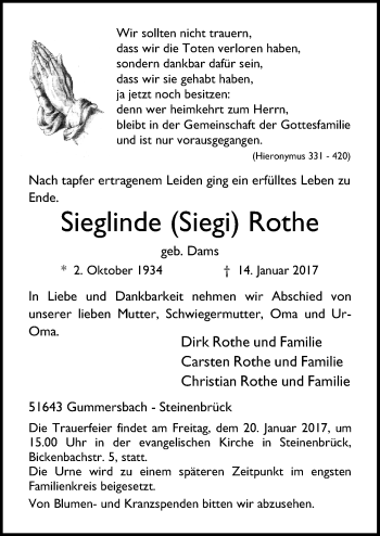 Anzeige von Sieglinde  Rothe von  Anzeigen Echo 