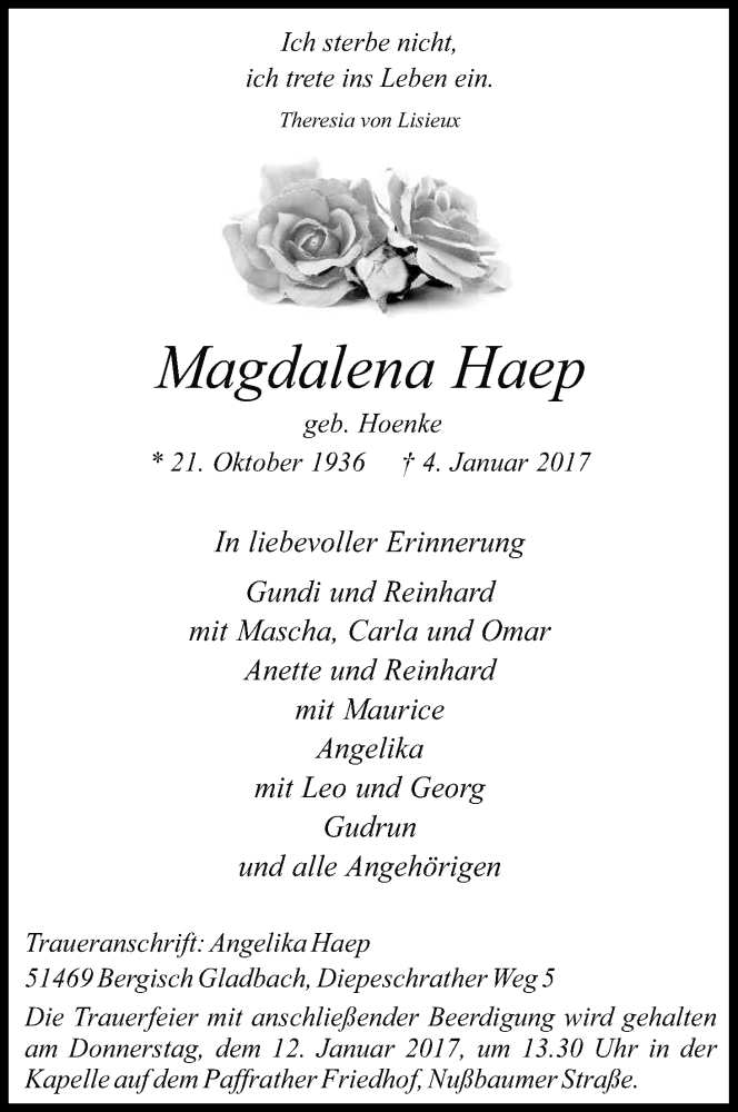  Traueranzeige für Magdalena Haep vom 09.01.2017 aus Kölner Stadt-Anzeiger / Kölnische Rundschau / Express