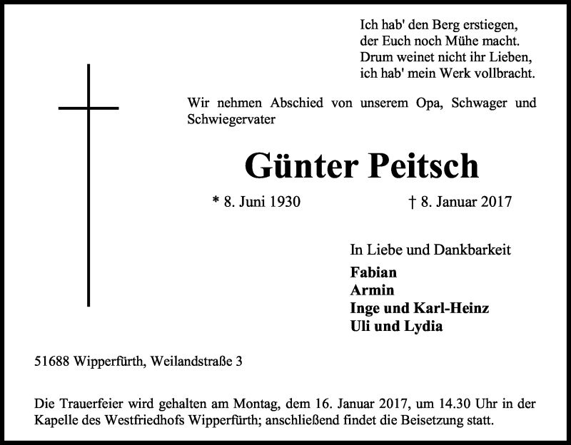  Traueranzeige für Günter Peitsch vom 11.01.2017 aus Kölner Stadt-Anzeiger / Kölnische Rundschau / Express