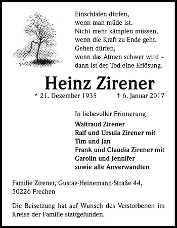 Anzeige von Heinz Zirener von Kölner Stadt-Anzeiger / Kölnische Rundschau / Express