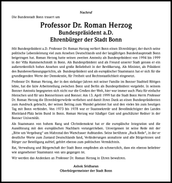 Anzeige von Roman Herzog von Kölner Stadt-Anzeiger / Kölnische Rundschau / Express