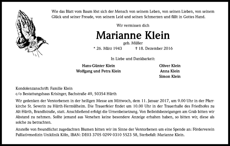  Traueranzeige für Marianne Klein vom 07.01.2017 aus Kölner Stadt-Anzeiger / Kölnische Rundschau / Express