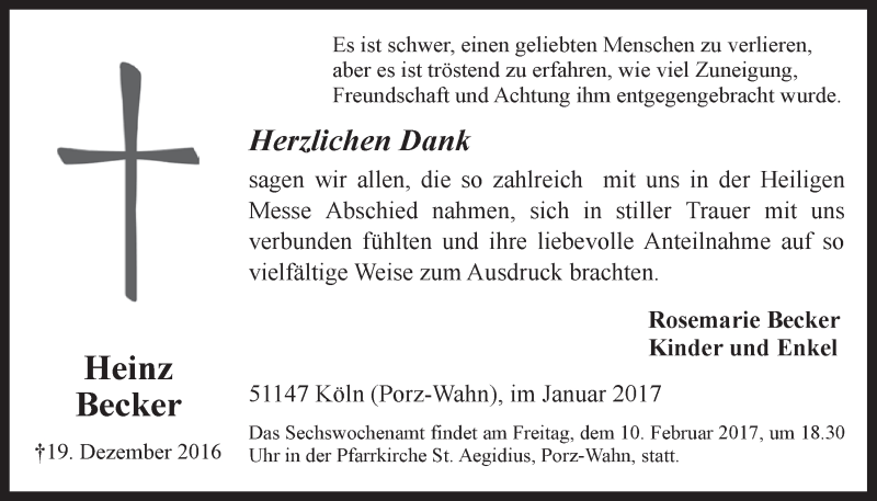  Traueranzeige für Heinz Becker vom 11.01.2017 aus  Kölner Wochenspiegel 