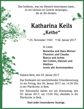 Anzeige von Katharina Keils von Kölner Stadt-Anzeiger / Kölnische Rundschau / Express