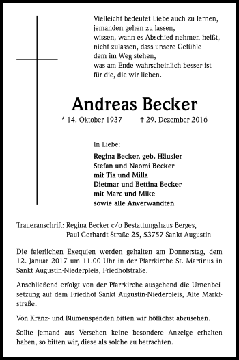 Anzeige von Andreas Becker von Kölner Stadt-Anzeiger / Kölnische Rundschau / Express