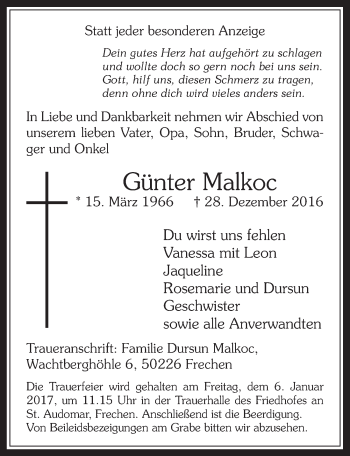 Anzeige von Günter Malkoc von  Wochenende 