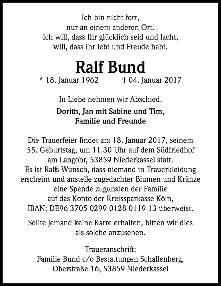 Traueranzeige für Ralf Bund vom 14.01.2017 aus Kölner Stadt-Anzeiger / Kölnische Rundschau / Express