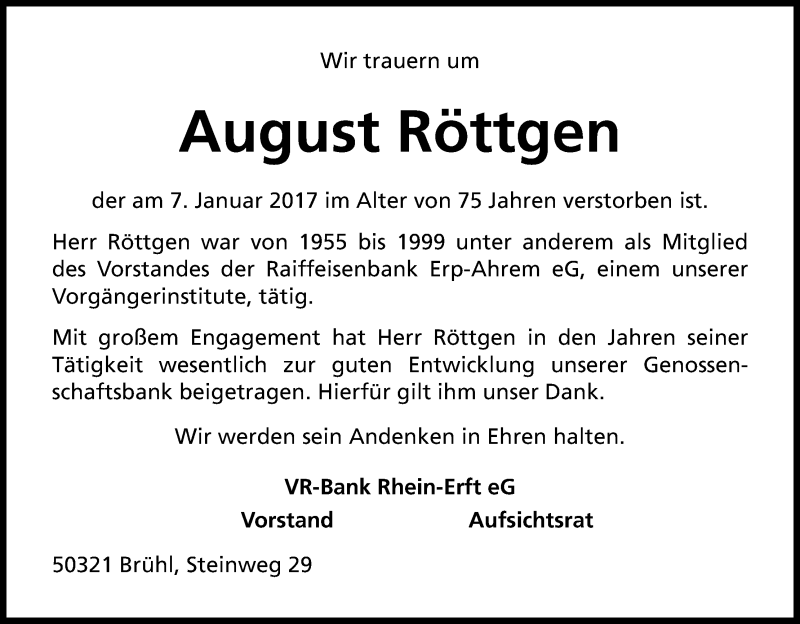  Traueranzeige für August Röttgen vom 14.01.2017 aus Kölner Stadt-Anzeiger / Kölnische Rundschau / Express