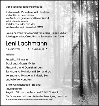 Anzeige von Leni Lachmann von  Anzeigen Echo 
