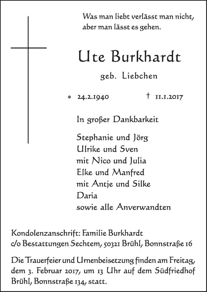  Traueranzeige für Ute Burkhardt vom 25.01.2017 aus  Schlossbote/Werbekurier 