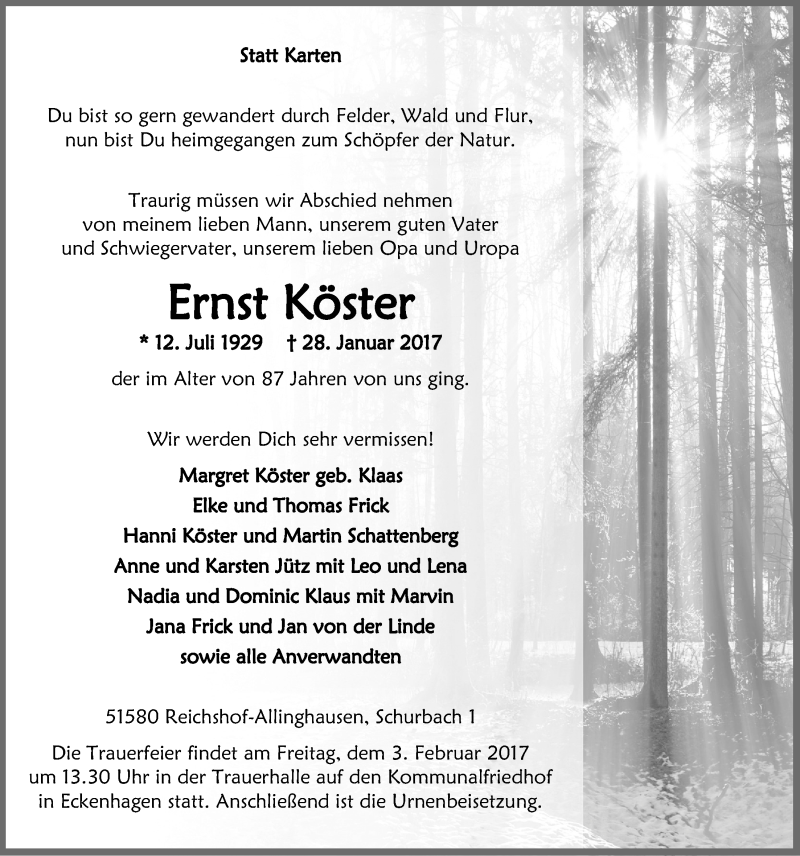  Traueranzeige für Ernst Köster vom 01.02.2017 aus  Anzeigen Echo 