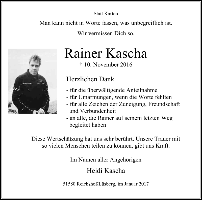  Traueranzeige für Rainer Kascha vom 11.01.2017 aus Kölner Stadt-Anzeiger / Kölnische Rundschau / Express
