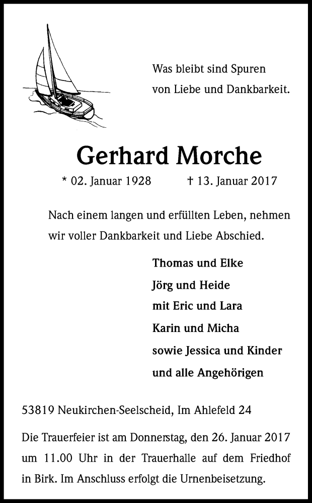 Traueranzeige für Gerhard Morche vom 21.01.2017 aus Kölner Stadt-Anzeiger / Kölnische Rundschau / Express