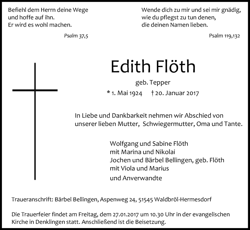  Traueranzeige für Edith Flöth vom 24.01.2017 aus Kölner Stadt-Anzeiger / Kölnische Rundschau / Express